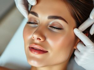 Femeie cu piele strălucitoare în timpul liftingului facial.