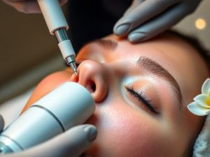 Dispozitiv de microneedling pe pielea rejuvenată.