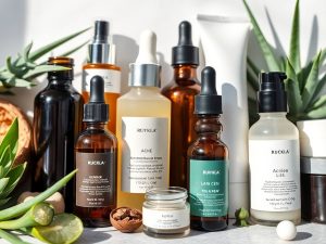 Produse de ingrijire pentru tratarea acneei, aranjate estetic.