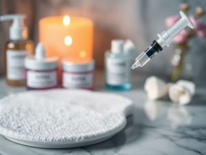 Siringă cu botox în mediu cosmetic relaxant.