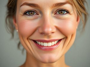 Femeie zâmbitoare, ten neted, trăsături faciale liftate natural.