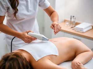 Tehnician în halat alb aplicând dispozitiv contur corporal pe abdomen