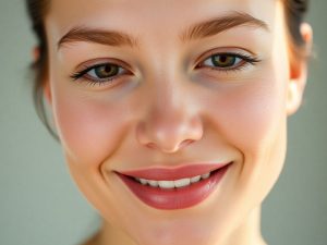 Femeie zâmbind cu pielea radiantă, machiaj natural.