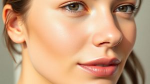Femeie cu ten curat și pori reduși vizibil